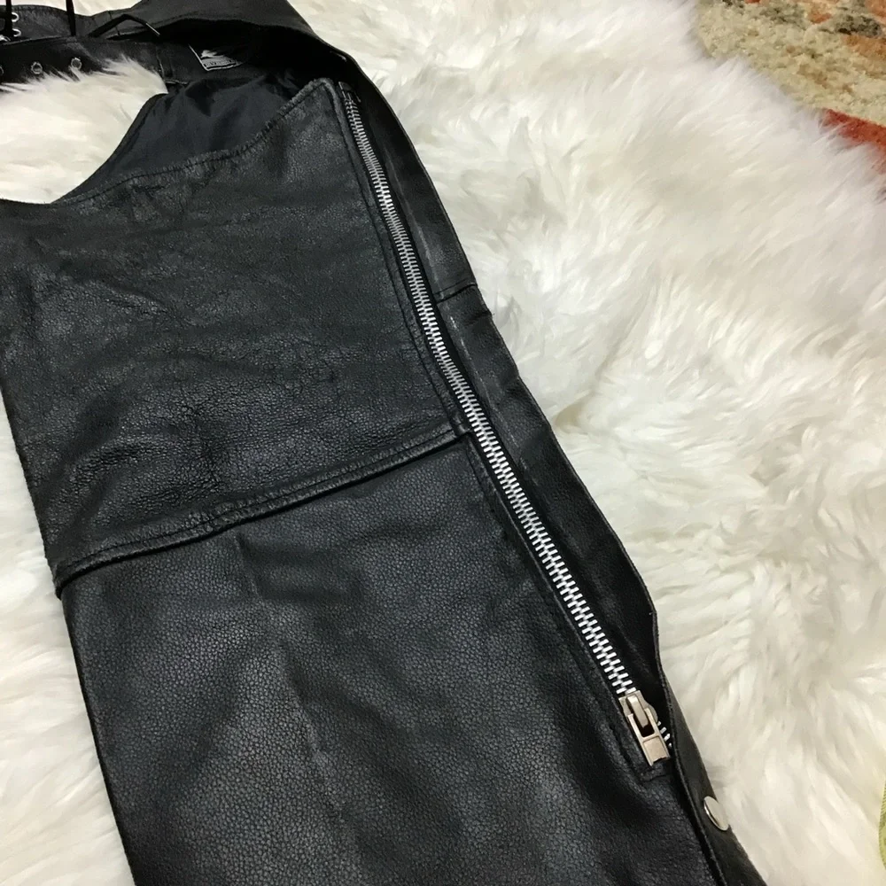 Event Leather Black Motorcycle Chaps Zip Sides Snap Bottoms Pocket